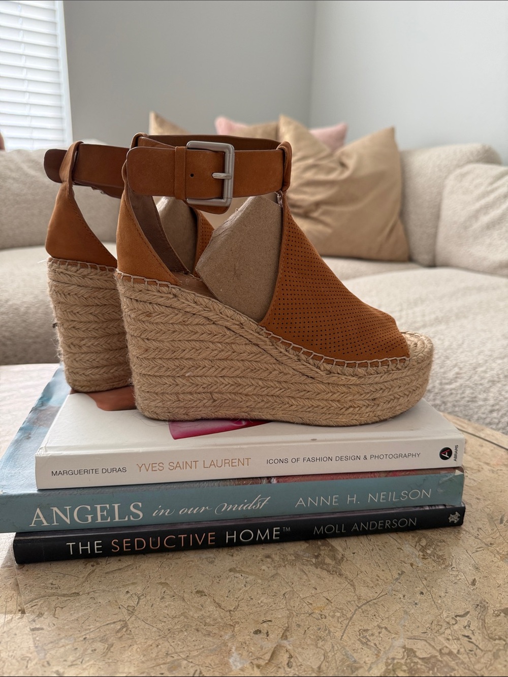 🤩 Marc Fisher Wedge Espadrille Sandals in Cognac Brown